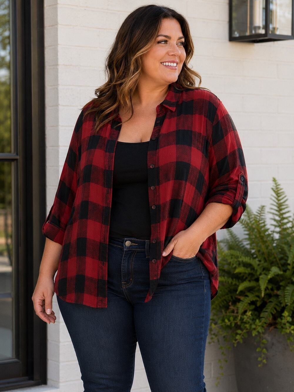 Torrid 3X Red Black Buffalo Plaid Rayon Boyfriend Shirt
